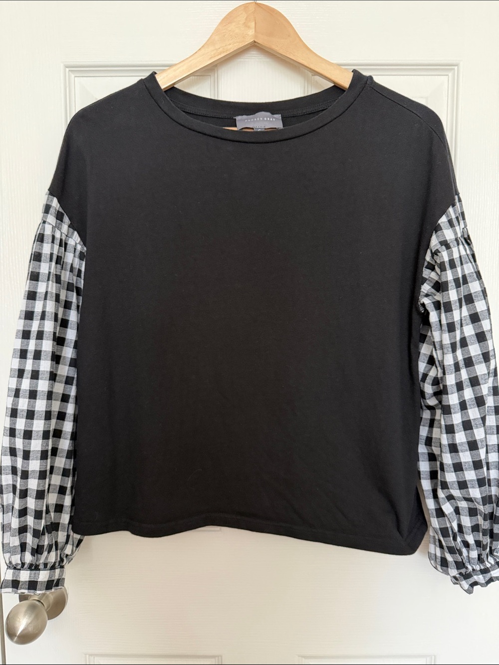 Hudson Gray Black Pullover Top with Black & White Gingham Puff Sleeves | Size S